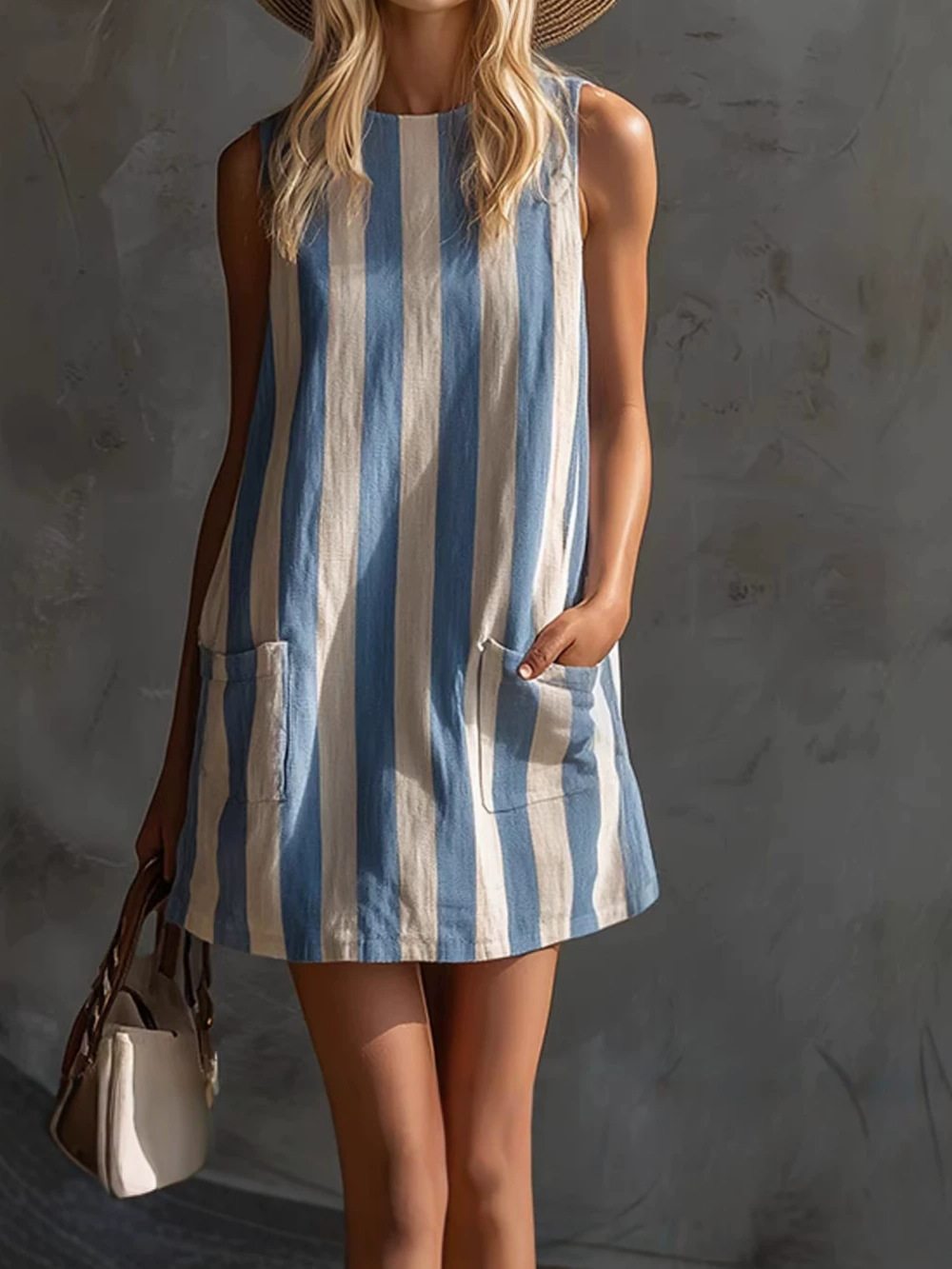 Women's Blue Vertical Stripe Sleeveless Pocket Shift Mini Dress